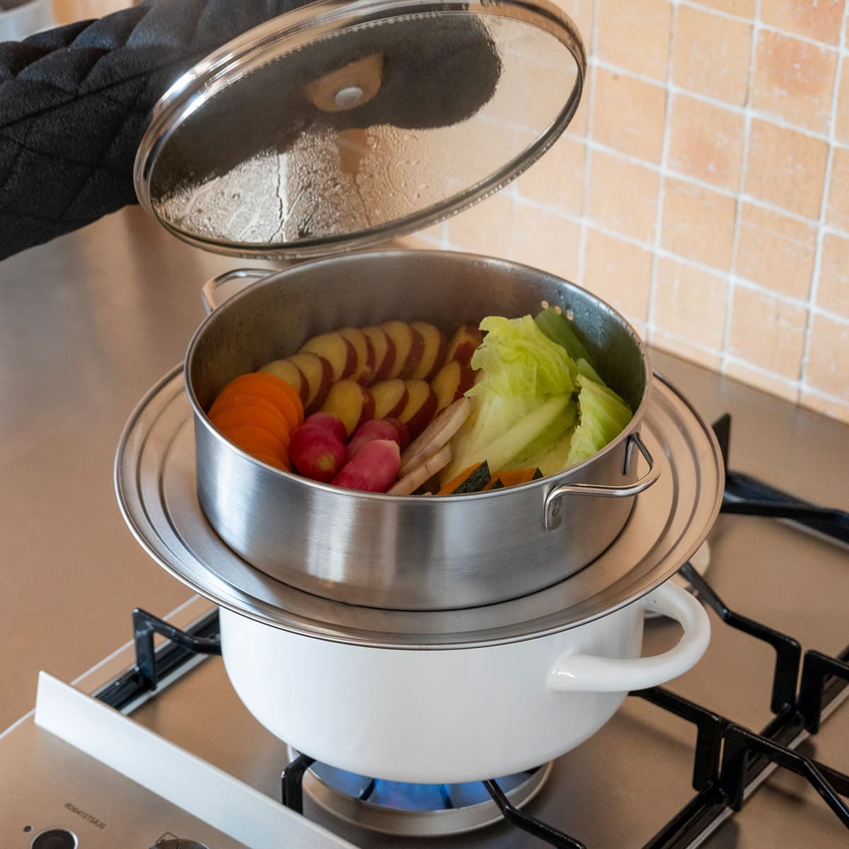 【bws SELECTION】ステンレスせいろ浅 フタ・蒸し板付3点セット