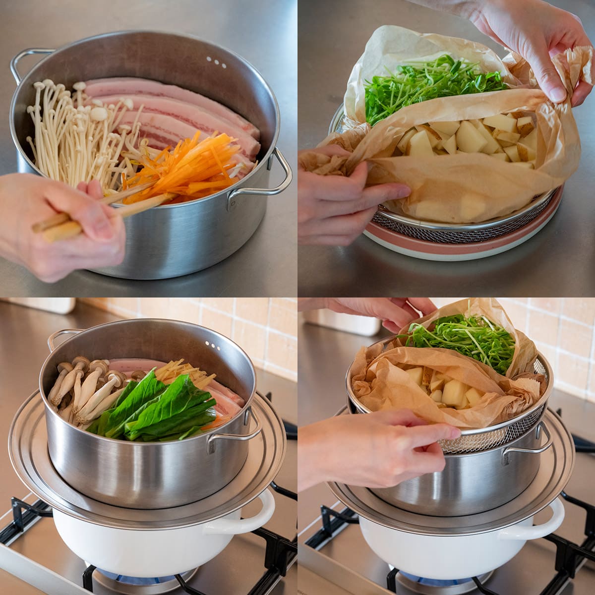 【bws SELECTION】ステンレスせいろ深 フタ・ザル・蒸し板4点セット